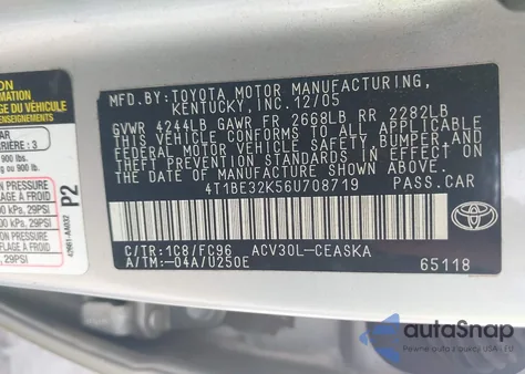 2006 Toyota Camry Se из США, поврежденный, VIN 4T1BE32K56U708719